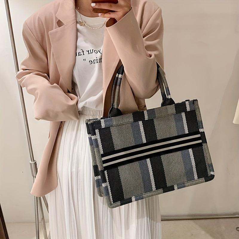 Striped Canvas Tote Bag Large Capacity Shoulder Bag Women's Commuter Handbag