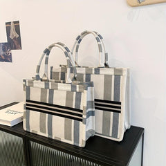 Striped Canvas Tote Bag Large Capacity Shoulder Bag Women's Commuter Handbag