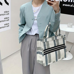 Striped Canvas Tote Bag Large Capacity Shoulder Bag Women's Commuter Handbag