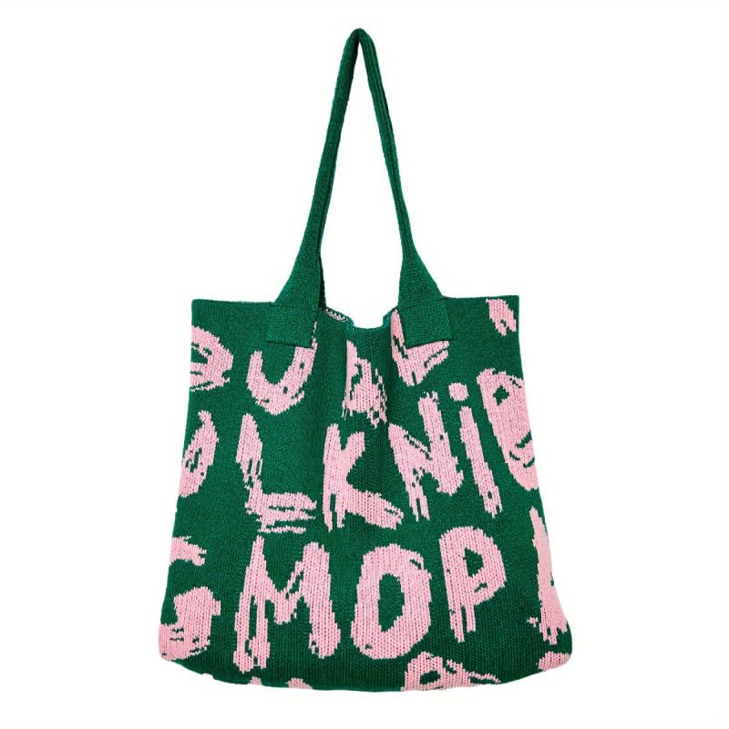 Letter Graphic Knitted Tote Bag Shoulder Handbag