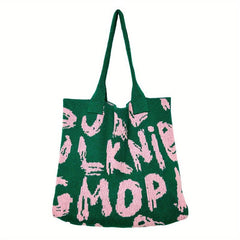 Letter Graphic Knitted Tote Bag Shoulder Handbag