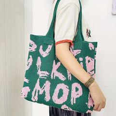 Letter Graphic Knitted Tote Bag Shoulder Handbag