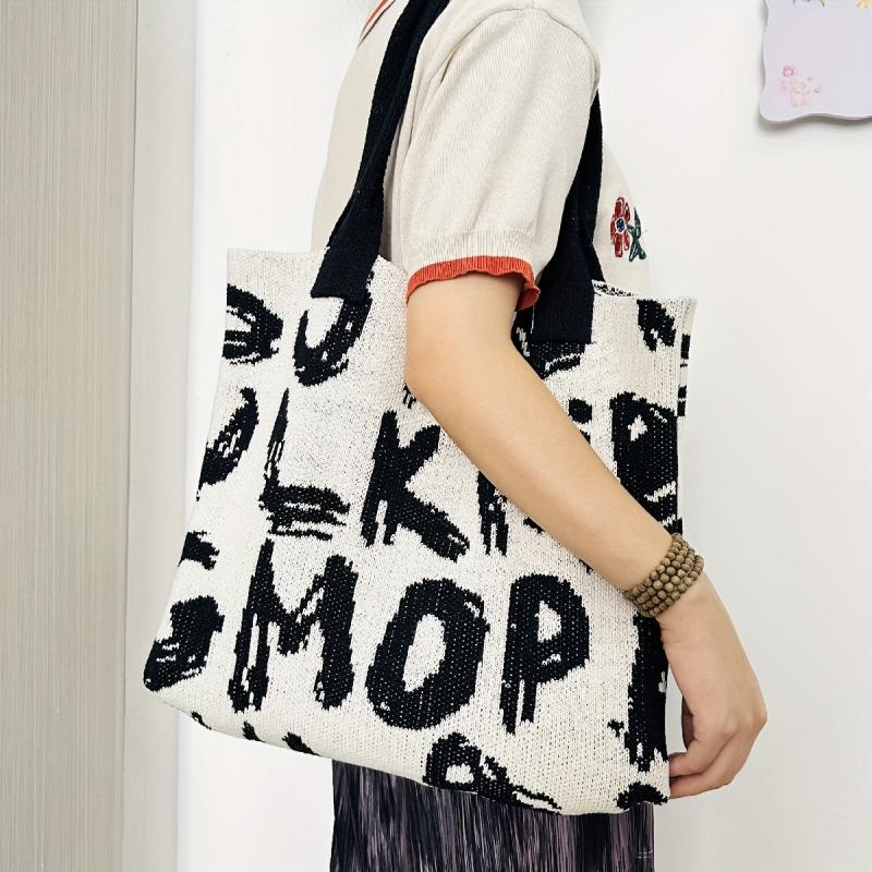 Letter Graphic Knitted Tote Bag Shoulder Handbag