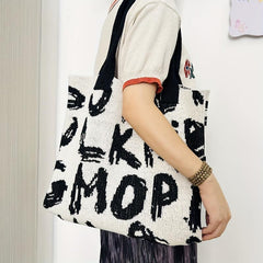Letter Graphic Knitted Tote Bag Shoulder Handbag