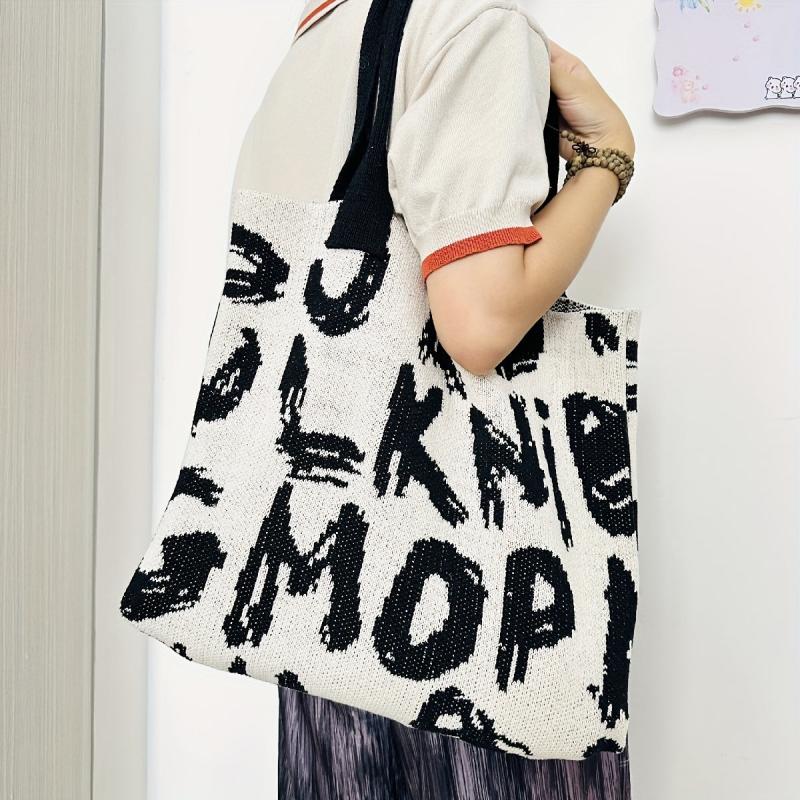 Letter Graphic Knitted Tote Bag Shoulder Handbag