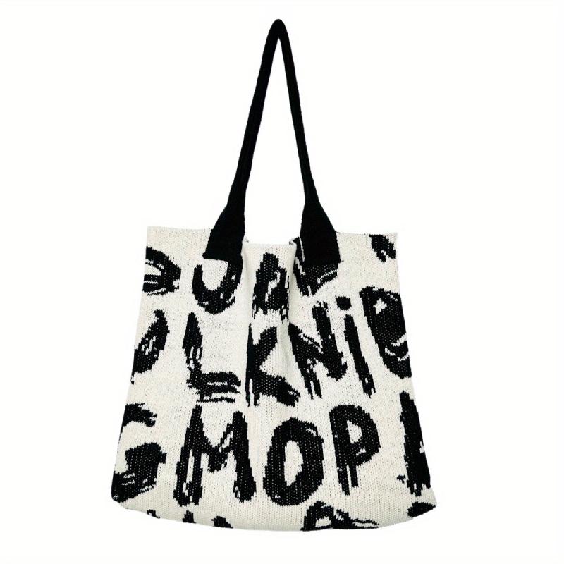 Letter Graphic Knitted Tote Bag Shoulder Handbag