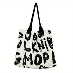 Letter Graphic Knitted Tote Bag Shoulder Handbag