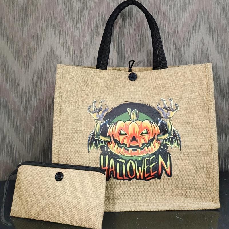 Halloween Funny Pumpkin Canvas Tote Bag With Clutch Purse