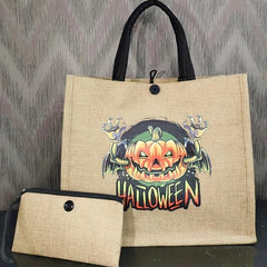 Halloween Funny Pumpkin Canvas Tote Bag With Clutch Purse