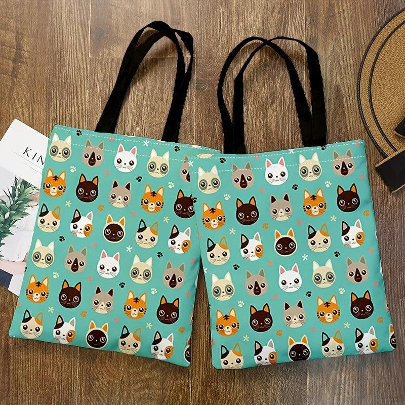 Kitten Print Canvas Tote Bag Cartoon Graphic Lightweight Shopping Bag