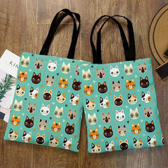 Kitten Print Canvas Tote Bag Cartoon Graphic Lightweight Shopping Bag