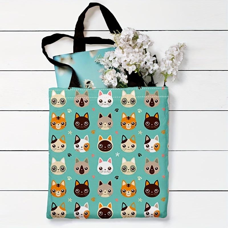 Kitten Print Canvas Tote Bag Cartoon Graphic Lightweight Shopping Bag