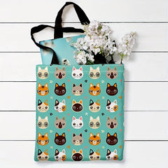 Kitten Print Canvas Tote Bag Cartoon Graphic Lightweight Shopping Bag