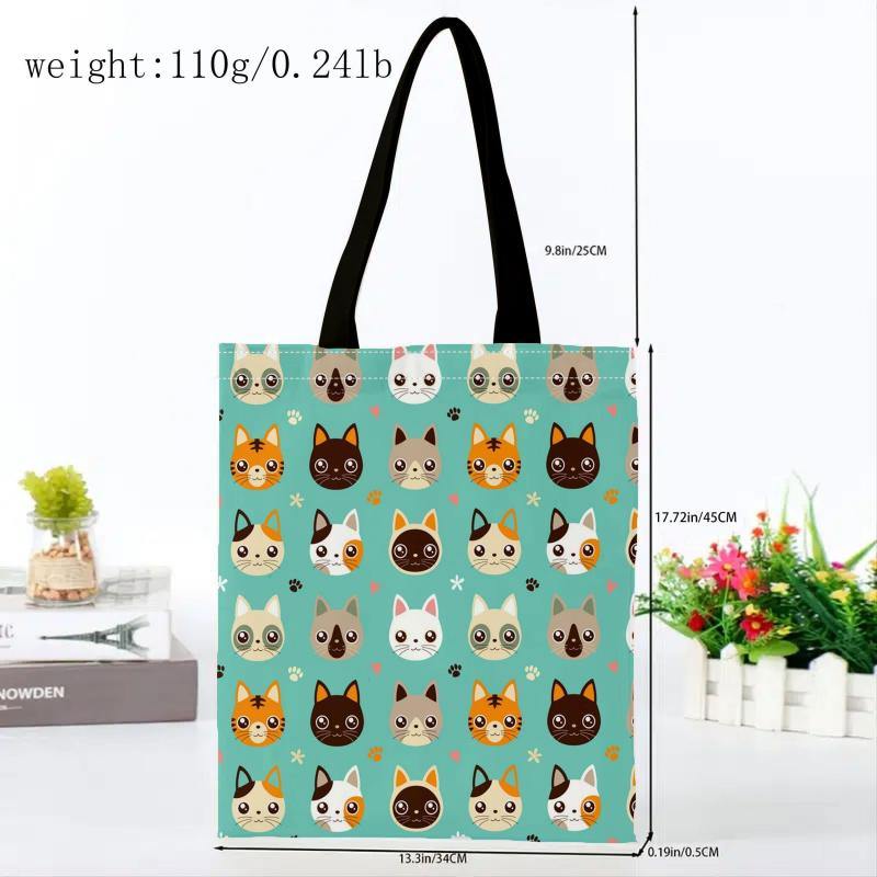 Kitten Print Canvas Tote Bag Cartoon Graphic Lightweight Shopping Bag