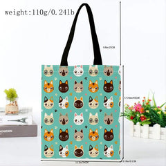 Kitten Print Canvas Tote Bag Cartoon Graphic Lightweight Shopping Bag