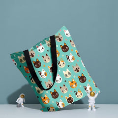 Kitten Print Canvas Tote Bag Cartoon Graphic Lightweight Shopping Bag