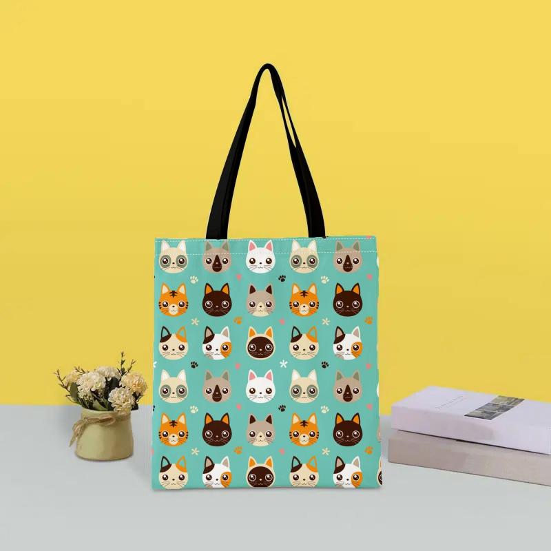 Kitten Print Canvas Tote Bag Cartoon Graphic Lightweight Shopping Bag