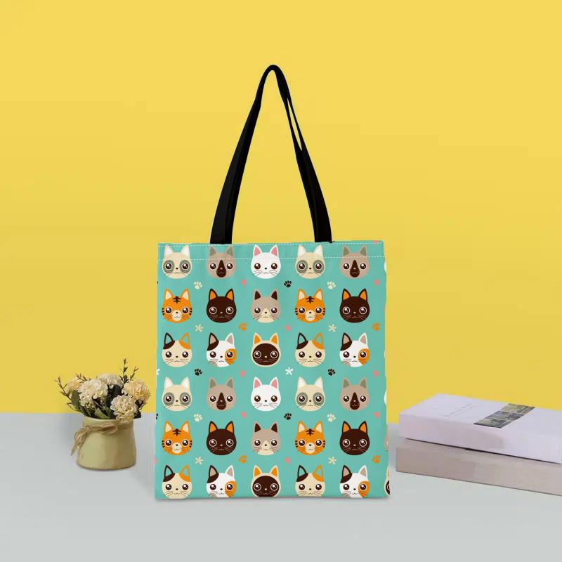 Kitten Print Canvas Tote Bag Cartoon Graphic Lightweight Shopping Bag