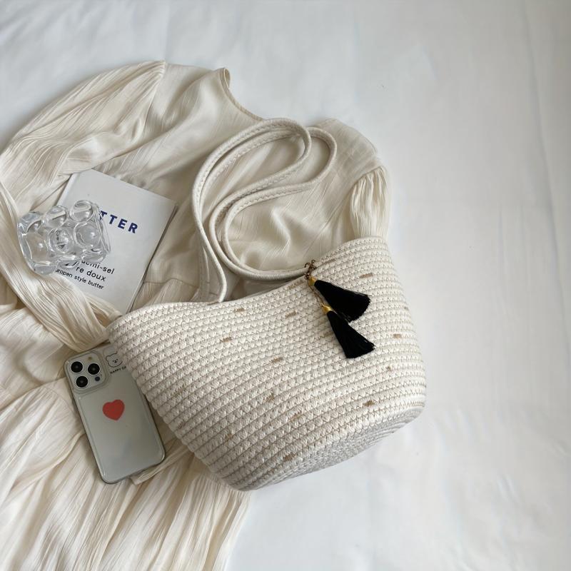 Summer Woven Tote Bag For Women Tassel Decor Shoulder Bag