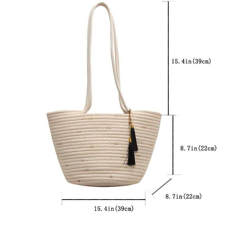 Summer Woven Tote Bag For Women Tassel Decor Shoulder Bag