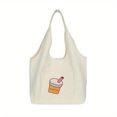 Cartoon Print Canvas Tote Bag Large Capacity Shoulder Bag For Shopping