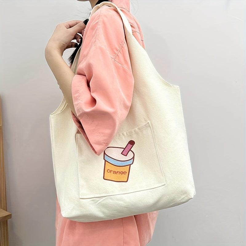 Cartoon Print Canvas Tote Bag Large Capacity Shoulder Bag For Shopping