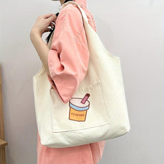 Cartoon Print Canvas Tote Bag Large Capacity Shoulder Bag For Shopping