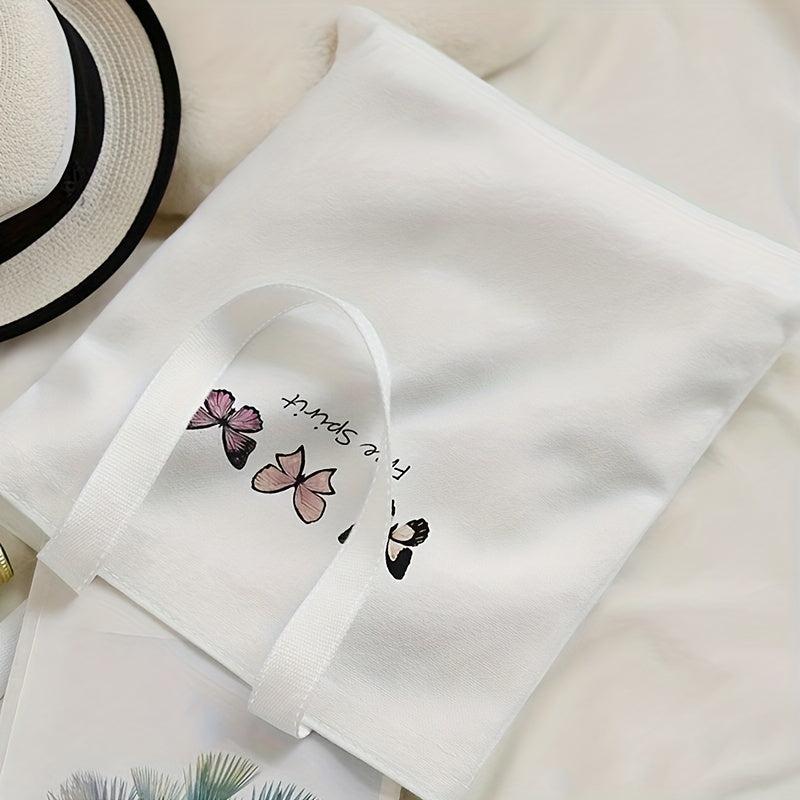 Letter & Butterfly Print Canvas Tote Bag Large Capacity Handbag
