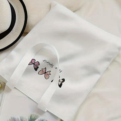 Letter & Butterfly Print Canvas Tote Bag Large Capacity Handbag