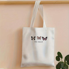 Letter & Butterfly Print Canvas Tote Bag Large Capacity Handbag