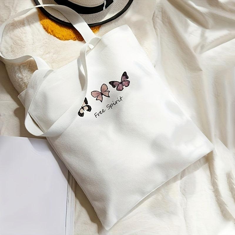 Letter & Butterfly Print Canvas Tote Bag Large Capacity Handbag