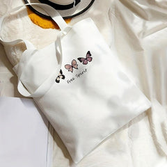 Letter & Butterfly Print Canvas Tote Bag Large Capacity Handbag