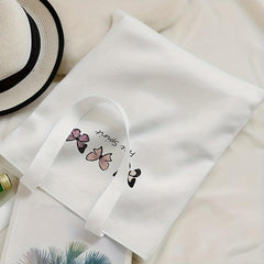 Letter & Butterfly Print Canvas Tote Bag Large Capacity Handbag