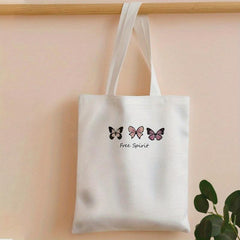 Letter & Butterfly Print Canvas Tote Bag Large Capacity Handbag