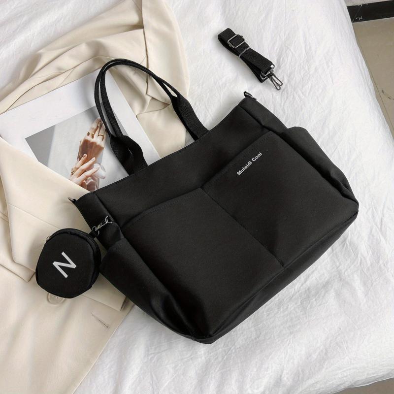 Large Capacity Canvas Shoulder Bag With Mini Zipper Purse