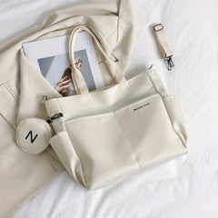 Large Capacity Canvas Shoulder Bag With Mini Zipper Purse