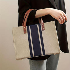Large Capacity Striped Tote Bag with Removable Strap