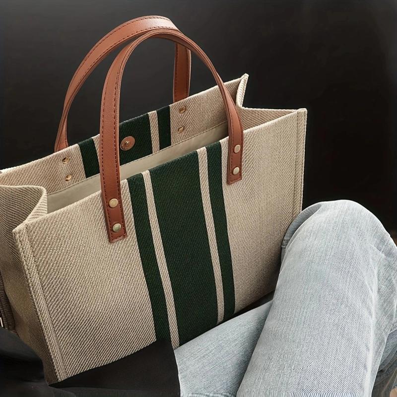 Large Capacity Striped Tote Bag with Removable Strap