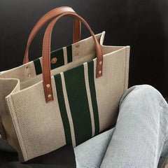 Large Capacity Striped Tote Bag with Removable Strap