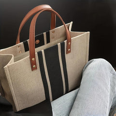 Large Capacity Striped Tote Bag with Removable Strap