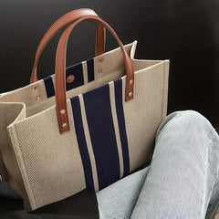 Large Capacity Striped Tote Bag with Removable Strap