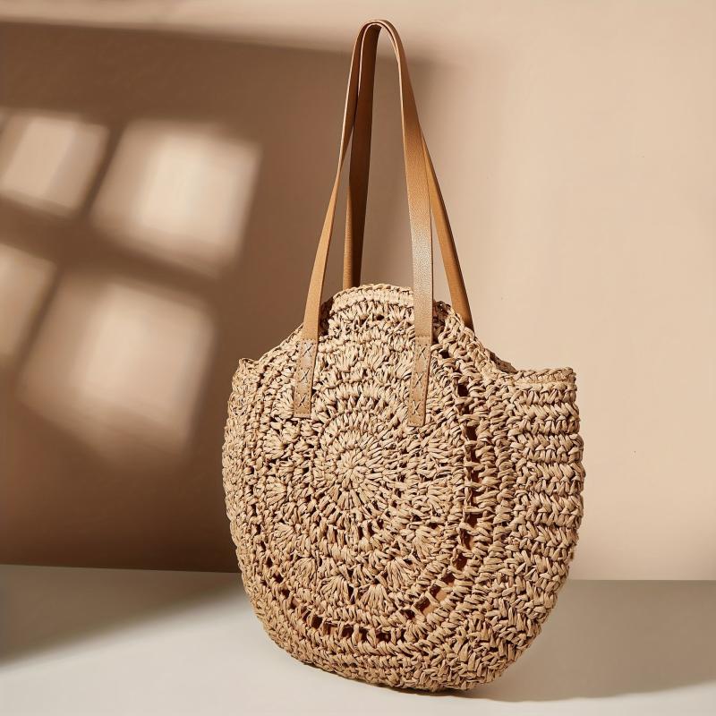 Straw Woven Beach Bag Large Capacity Shoulder Bag Hollow Out Tote Bag