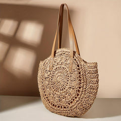 Straw Woven Beach Bag Large Capacity Shoulder Bag Hollow Out Tote Bag