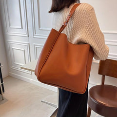 Vintage Bucket Shoulder Bag Large Capacity Tote Bag Solid