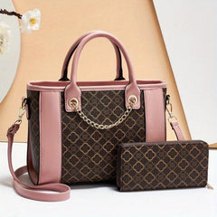 Geometric Pattern Tote Bag & Zip Around Wallet Set 2pcs