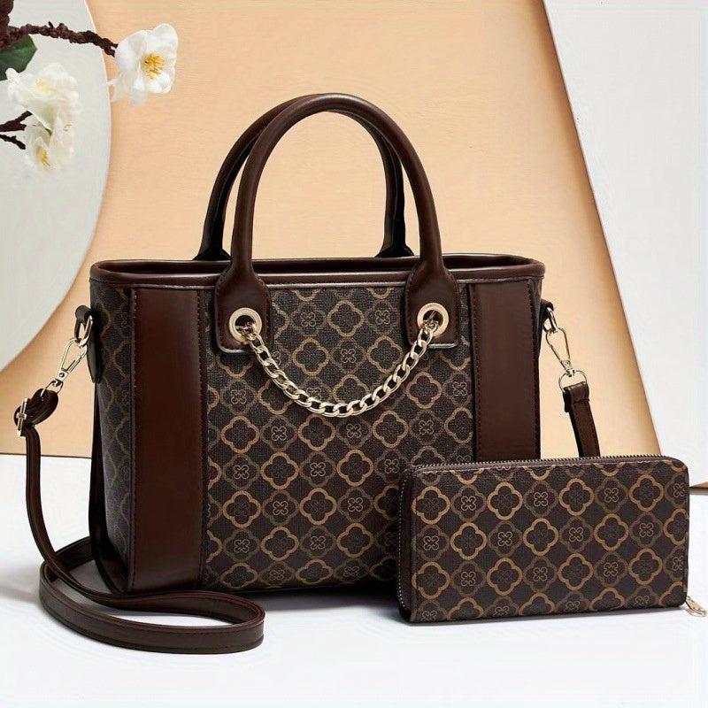 Geometric Pattern Tote Bag & Zip Around Wallet Set 2pcs