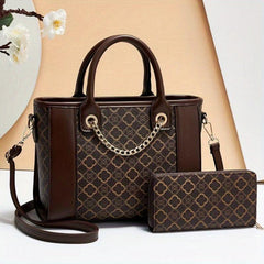 Geometric Pattern Tote Bag & Zip Around Wallet Set 2pcs