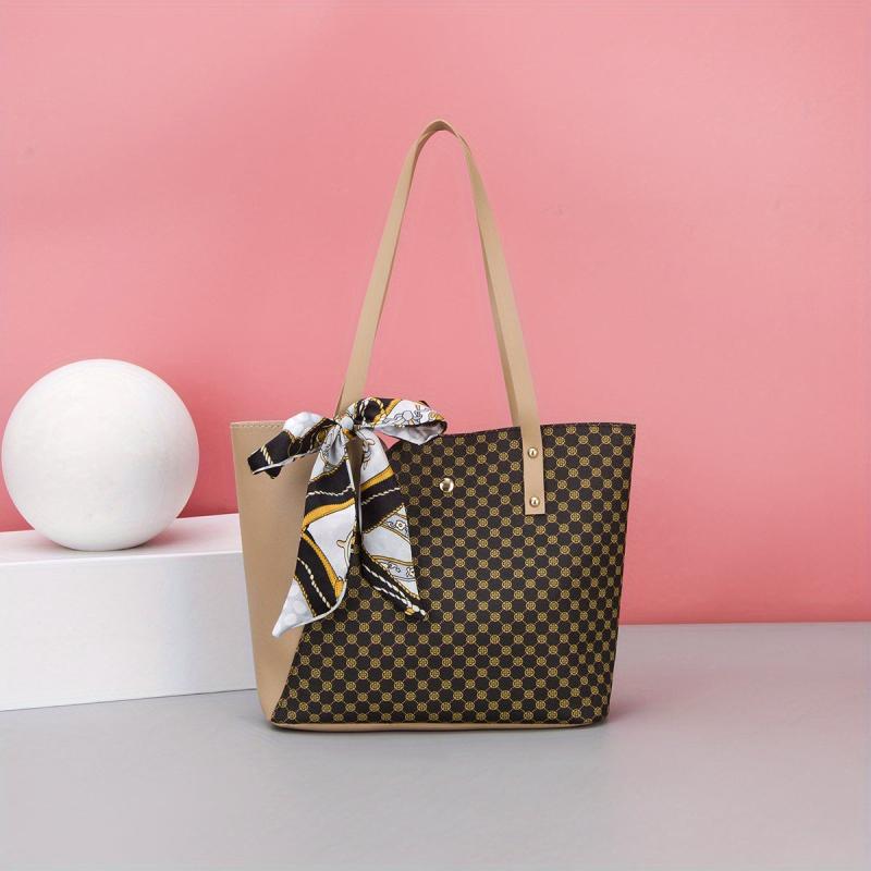 Colorblock Tote Bag with Scarf - Classic Shoulder Bag for Work