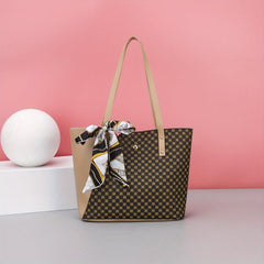 Colorblock Tote Bag with Scarf - Classic Shoulder Bag for Work