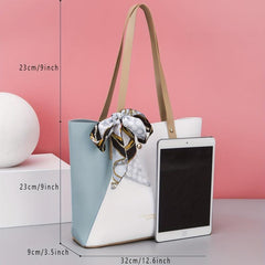 Colorblock Tote Bag with Scarf - Classic Shoulder Bag for Work